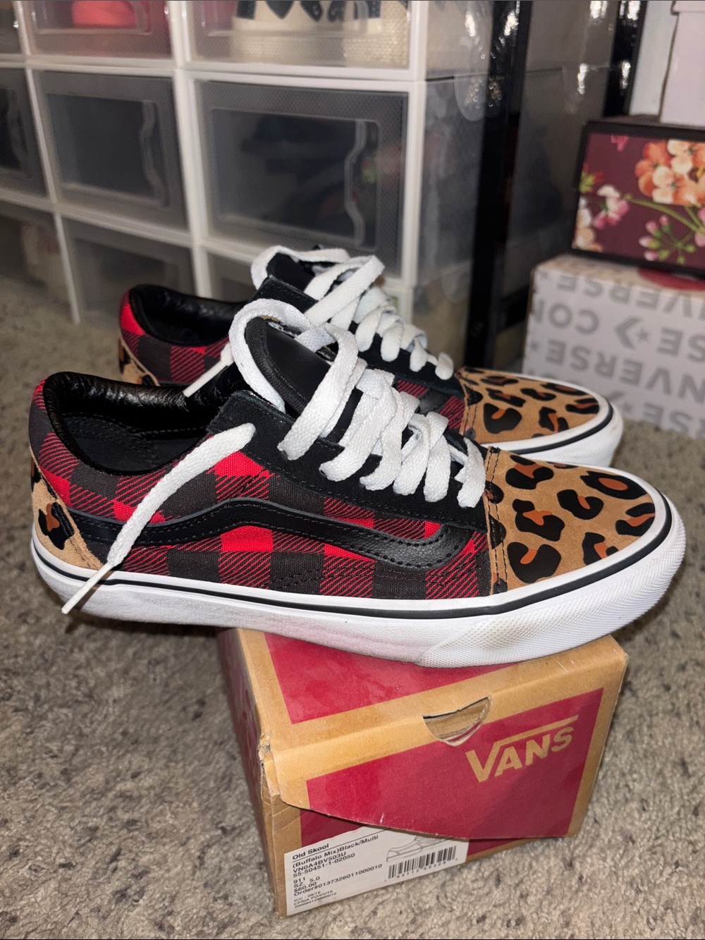 Vans Women’s Low-Top Sneakers — Red Buffalo Plaid & Leopard Print